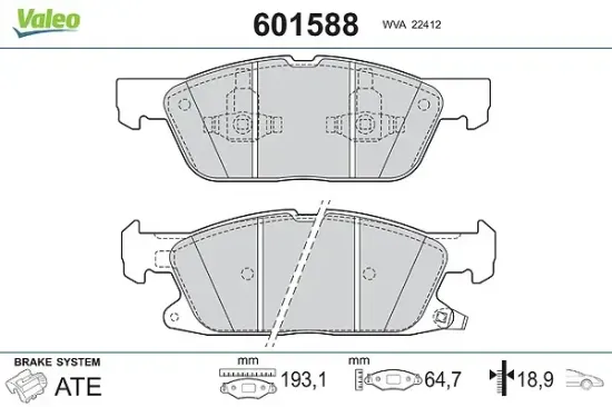 Bremsbelagsatz, Scheibenbremse Vorderachse VALEO 601588 Bild Bremsbelagsatz, Scheibenbremse Vorderachse VALEO 601588
