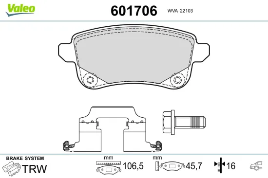 Bremsbelagsatz, Scheibenbremse Hinterachse VALEO 601706 Bild Bremsbelagsatz, Scheibenbremse Hinterachse VALEO 601706
