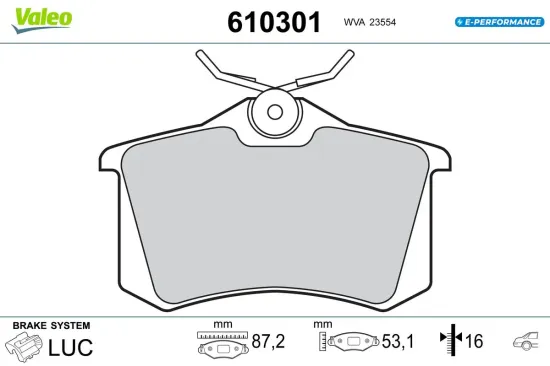 Bremsbelagsatz, Scheibenbremse Hinterachse VALEO 610301 Bild Bremsbelagsatz, Scheibenbremse Hinterachse VALEO 610301