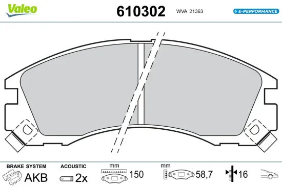 Bremsbelagsatz, Scheibenbremse Vorderachse VALEO 610302 Bild Bremsbelagsatz, Scheibenbremse Vorderachse VALEO 610302