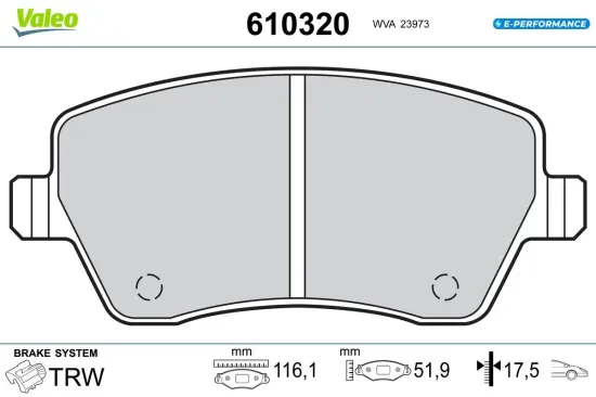 Bremsbelagsatz, Scheibenbremse Vorderachse VALEO 610320 Bild Bremsbelagsatz, Scheibenbremse Vorderachse VALEO 610320