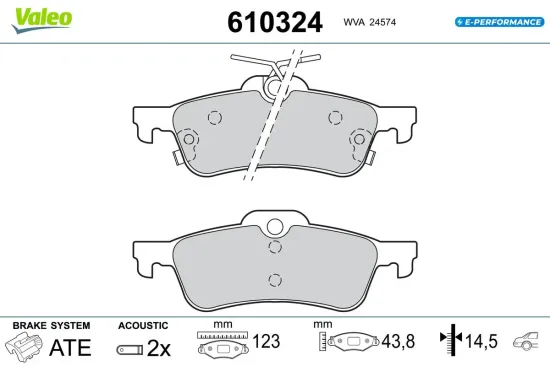 Bremsbelagsatz, Scheibenbremse Hinterachse VALEO 610324 Bild Bremsbelagsatz, Scheibenbremse Hinterachse VALEO 610324