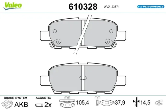 Bremsbelagsatz, Scheibenbremse Hinterachse VALEO 610328 Bild Bremsbelagsatz, Scheibenbremse Hinterachse VALEO 610328