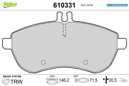 Bremsbelagsatz, Scheibenbremse Vorderachse VALEO 610331 Bild Bremsbelagsatz, Scheibenbremse Vorderachse VALEO 610331