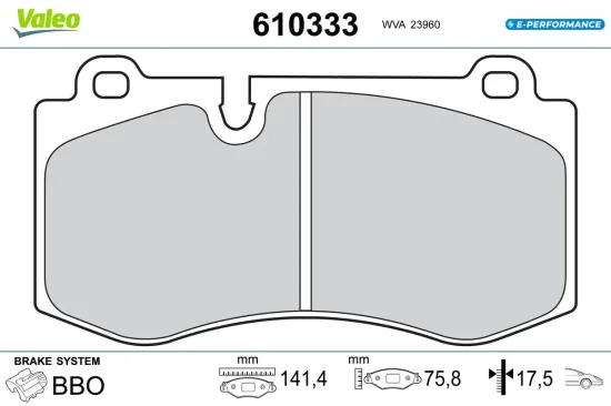 Bremsbelagsatz, Scheibenbremse Vorderachse VALEO 610333 Bild Bremsbelagsatz, Scheibenbremse Vorderachse VALEO 610333