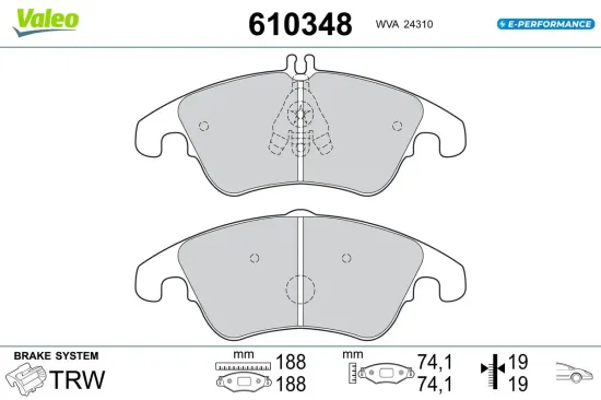 Bremsbelagsatz, Scheibenbremse Vorderachse VALEO 610348 Bild Bremsbelagsatz, Scheibenbremse Vorderachse VALEO 610348