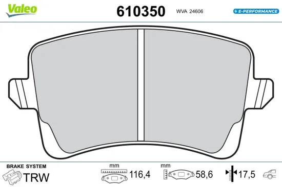 Bremsbelagsatz, Scheibenbremse Hinterachse VALEO 610350 Bild Bremsbelagsatz, Scheibenbremse Hinterachse VALEO 610350