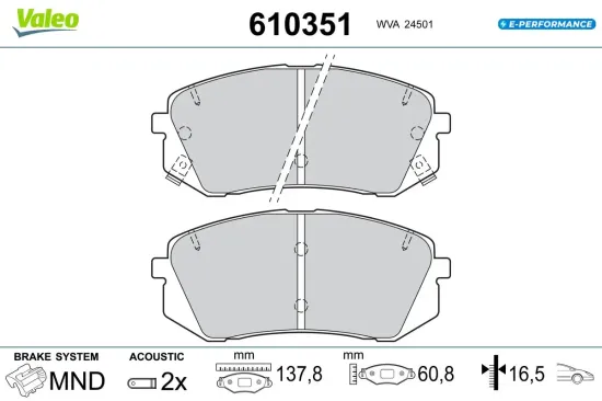 Bremsbelagsatz, Scheibenbremse Vorderachse VALEO 610351 Bild Bremsbelagsatz, Scheibenbremse Vorderachse VALEO 610351