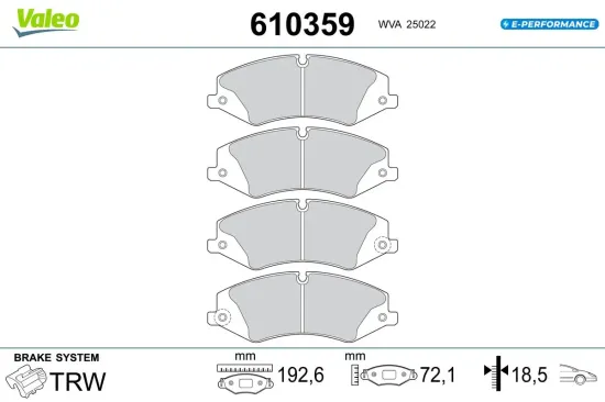 Bremsbelagsatz, Scheibenbremse Vorderachse VALEO 610359 Bild Bremsbelagsatz, Scheibenbremse Vorderachse VALEO 610359
