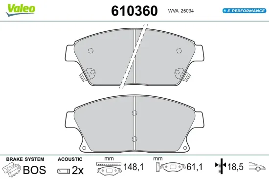 Bremsbelagsatz, Scheibenbremse Vorderachse VALEO 610360 Bild Bremsbelagsatz, Scheibenbremse Vorderachse VALEO 610360