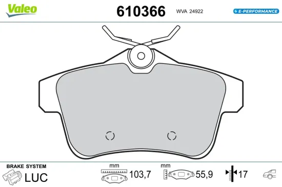 Bremsbelagsatz, Scheibenbremse Hinterachse VALEO 610366 Bild Bremsbelagsatz, Scheibenbremse Hinterachse VALEO 610366