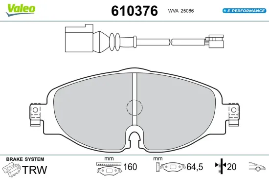 Bremsbelagsatz, Scheibenbremse Vorderachse VALEO 610376 Bild Bremsbelagsatz, Scheibenbremse Vorderachse VALEO 610376