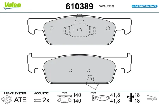 Bremsbelagsatz, Scheibenbremse Vorderachse VALEO 610389 Bild Bremsbelagsatz, Scheibenbremse Vorderachse VALEO 610389