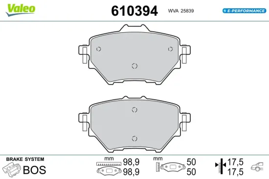 Bremsbelagsatz, Scheibenbremse Hinterachse VALEO 610394 Bild Bremsbelagsatz, Scheibenbremse Hinterachse VALEO 610394