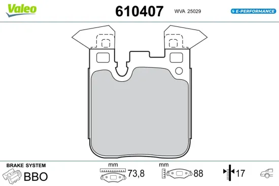 Bremsbelagsatz, Scheibenbremse Hinterachse VALEO 610407 Bild Bremsbelagsatz, Scheibenbremse Hinterachse VALEO 610407