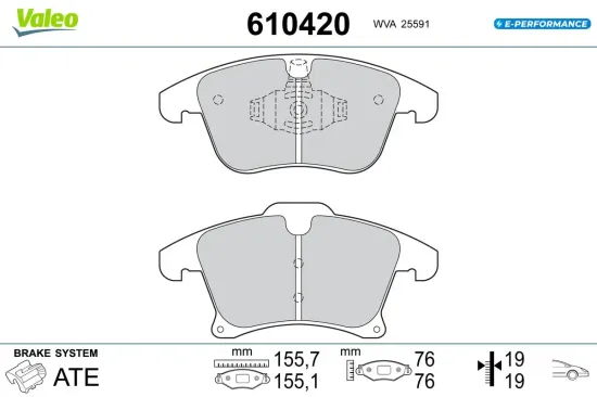 Bremsbelagsatz, Scheibenbremse Vorderachse VALEO 610420 Bild Bremsbelagsatz, Scheibenbremse Vorderachse VALEO 610420