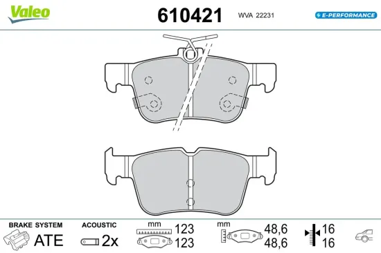 Bremsbelagsatz, Scheibenbremse Hinterachse VALEO 610421 Bild Bremsbelagsatz, Scheibenbremse Hinterachse VALEO 610421