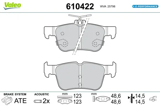 Bremsbelagsatz, Scheibenbremse Hinterachse VALEO 610422 Bild Bremsbelagsatz, Scheibenbremse Hinterachse VALEO 610422