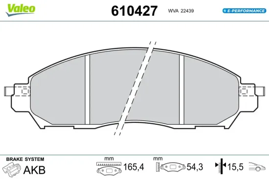 Bremsbelagsatz, Scheibenbremse Vorderachse VALEO 610427 Bild Bremsbelagsatz, Scheibenbremse Vorderachse VALEO 610427