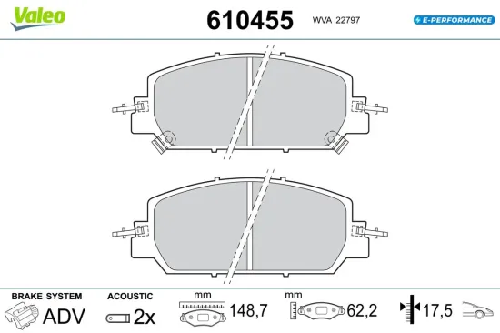 Bremsbelagsatz, Scheibenbremse Vorderachse VALEO 610455 Bild Bremsbelagsatz, Scheibenbremse Vorderachse VALEO 610455