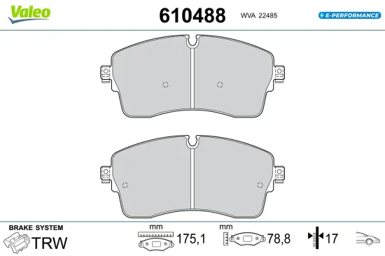 Bremsbelagsatz, Scheibenbremse Vorderachse VALEO 610488 Bild Bremsbelagsatz, Scheibenbremse Vorderachse VALEO 610488