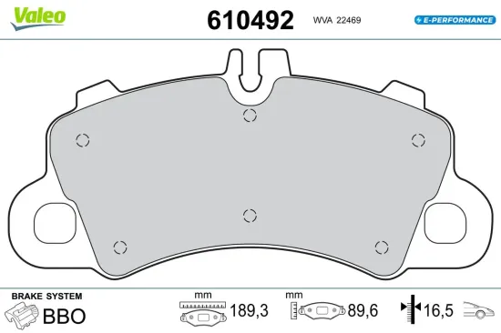 Bremsbelagsatz, Scheibenbremse Vorderachse VALEO 610492 Bild Bremsbelagsatz, Scheibenbremse Vorderachse VALEO 610492