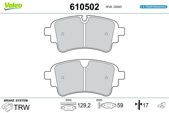 Bremsbelagsatz, Scheibenbremse Hinterachse VALEO 610502 Bild Bremsbelagsatz, Scheibenbremse Hinterachse VALEO 610502