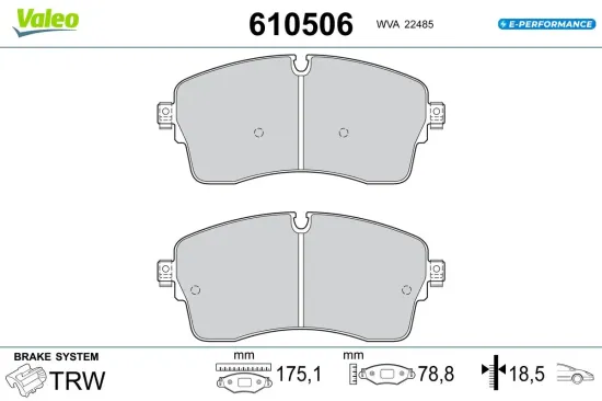 Bremsbelagsatz, Scheibenbremse Vorderachse VALEO 610506 Bild Bremsbelagsatz, Scheibenbremse Vorderachse VALEO 610506