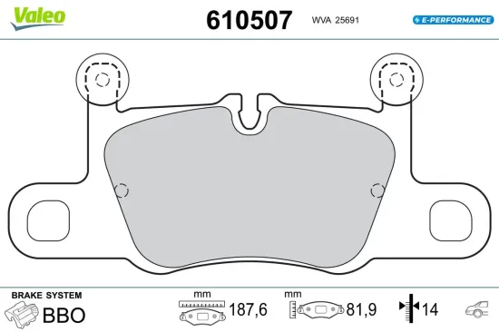 Bremsbelagsatz, Scheibenbremse Hinterachse VALEO 610507 Bild Bremsbelagsatz, Scheibenbremse Hinterachse VALEO 610507