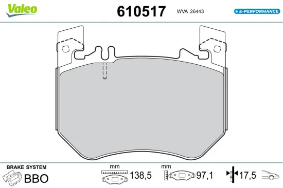 Bremsbelagsatz, Scheibenbremse Vorderachse VALEO 610517 Bild Bremsbelagsatz, Scheibenbremse Vorderachse VALEO 610517