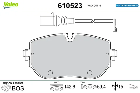 Bremsbelagsatz, Scheibenbremse Vorderachse VALEO 610523 Bild Bremsbelagsatz, Scheibenbremse Vorderachse VALEO 610523