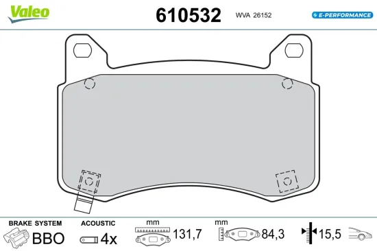 Bremsbelagsatz, Scheibenbremse Vorderachse VALEO 610532 Bild Bremsbelagsatz, Scheibenbremse Vorderachse VALEO 610532