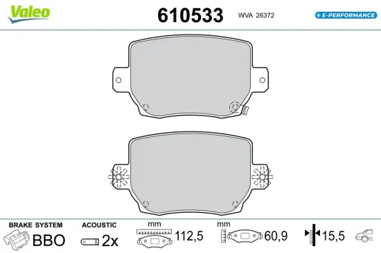 Bremsbelagsatz, Scheibenbremse Hinterachse VALEO 610533 Bild Bremsbelagsatz, Scheibenbremse Hinterachse VALEO 610533