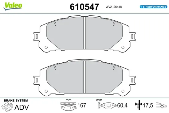 Bremsbelagsatz, Scheibenbremse Vorderachse VALEO 610547 Bild Bremsbelagsatz, Scheibenbremse Vorderachse VALEO 610547