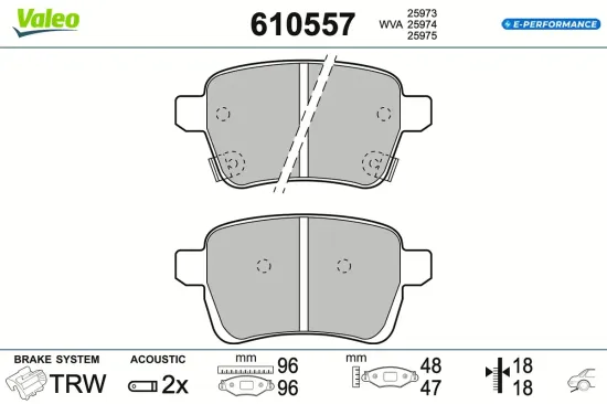 Bremsbelagsatz, Scheibenbremse Hinterachse VALEO 610557 Bild Bremsbelagsatz, Scheibenbremse Hinterachse VALEO 610557