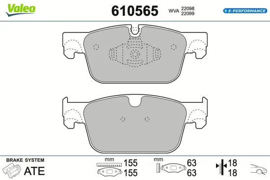 Bremsbelagsatz, Scheibenbremse Vorderachse VALEO 610565 Bild Bremsbelagsatz, Scheibenbremse Vorderachse VALEO 610565