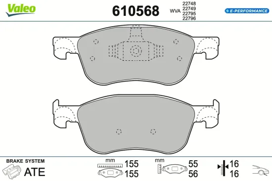 Bremsbelagsatz, Scheibenbremse Vorderachse VALEO 610568 Bild Bremsbelagsatz, Scheibenbremse Vorderachse VALEO 610568
