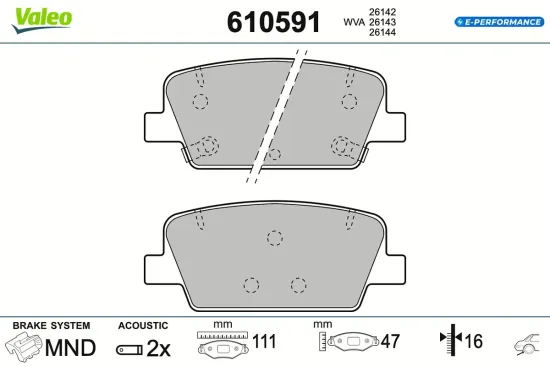 Bremsbelagsatz, Scheibenbremse Hinterachse VALEO 610591 Bild Bremsbelagsatz, Scheibenbremse Hinterachse VALEO 610591