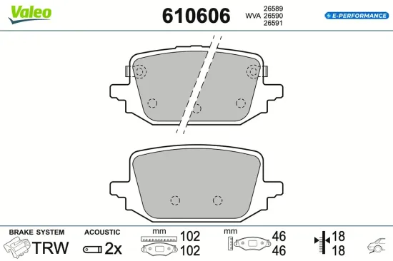 Bremsbelagsatz, Scheibenbremse Hinterachse VALEO 610606 Bild Bremsbelagsatz, Scheibenbremse Hinterachse VALEO 610606