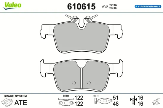 Bremsbelagsatz, Scheibenbremse Hinterachse VALEO 610615 Bild Bremsbelagsatz, Scheibenbremse Hinterachse VALEO 610615