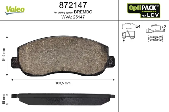 Bremsbelagsatz, Scheibenbremse Vorderachse VALEO 872147 Bild Bremsbelagsatz, Scheibenbremse Vorderachse VALEO 872147