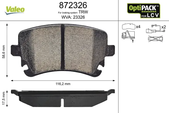 Bremsbelagsatz, Scheibenbremse Hinterachse VALEO 872326 Bild Bremsbelagsatz, Scheibenbremse Hinterachse VALEO 872326