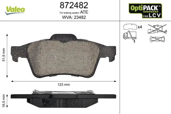 Bremsbelagsatz, Scheibenbremse Hinterachse VALEO 872482 Bild Bremsbelagsatz, Scheibenbremse Hinterachse VALEO 872482