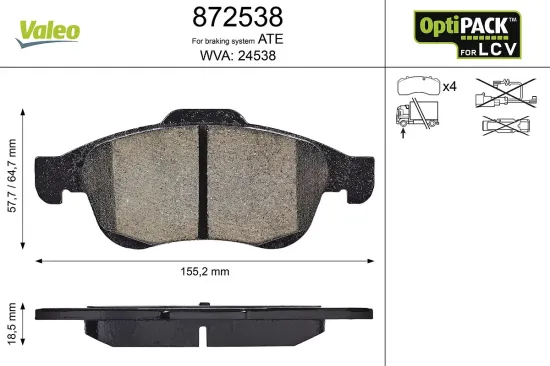 Bremsbelagsatz, Scheibenbremse Vorderachse VALEO 872538 Bild Bremsbelagsatz, Scheibenbremse Vorderachse VALEO 872538