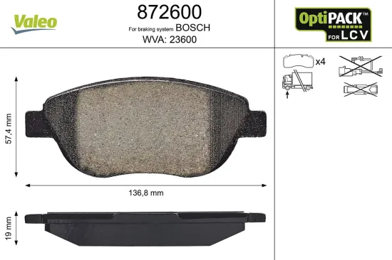 Bremsbelagsatz, Scheibenbremse Vorderachse VALEO 872600 Bild Bremsbelagsatz, Scheibenbremse Vorderachse VALEO 872600