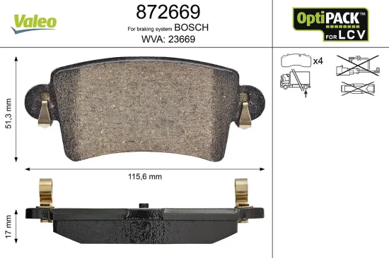 Bremsbelagsatz, Scheibenbremse Hinterachse VALEO 872669 Bild Bremsbelagsatz, Scheibenbremse Hinterachse VALEO 872669