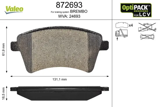 Bremsbelagsatz, Scheibenbremse Vorderachse VALEO 872693 Bild Bremsbelagsatz, Scheibenbremse Vorderachse VALEO 872693
