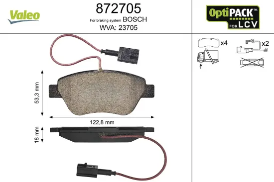 Bremsbelagsatz, Scheibenbremse Vorderachse VALEO 872705 Bild Bremsbelagsatz, Scheibenbremse Vorderachse VALEO 872705