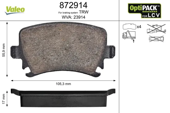 Bremsbelagsatz, Scheibenbremse Hinterachse VALEO 872914 Bild Bremsbelagsatz, Scheibenbremse Hinterachse VALEO 872914