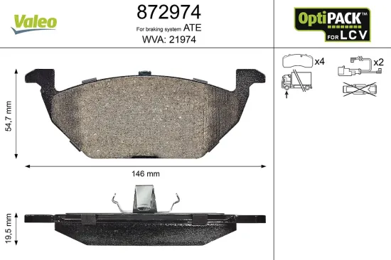 Bremsbelagsatz, Scheibenbremse Vorderachse VALEO 872974 Bild Bremsbelagsatz, Scheibenbremse Vorderachse VALEO 872974
